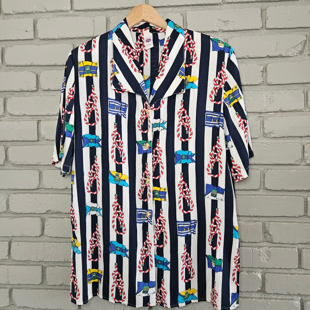 Vintage C&A Nautical Stripe Rope Flag Print Viscose Button Up Shirt Navy EUR 40‎